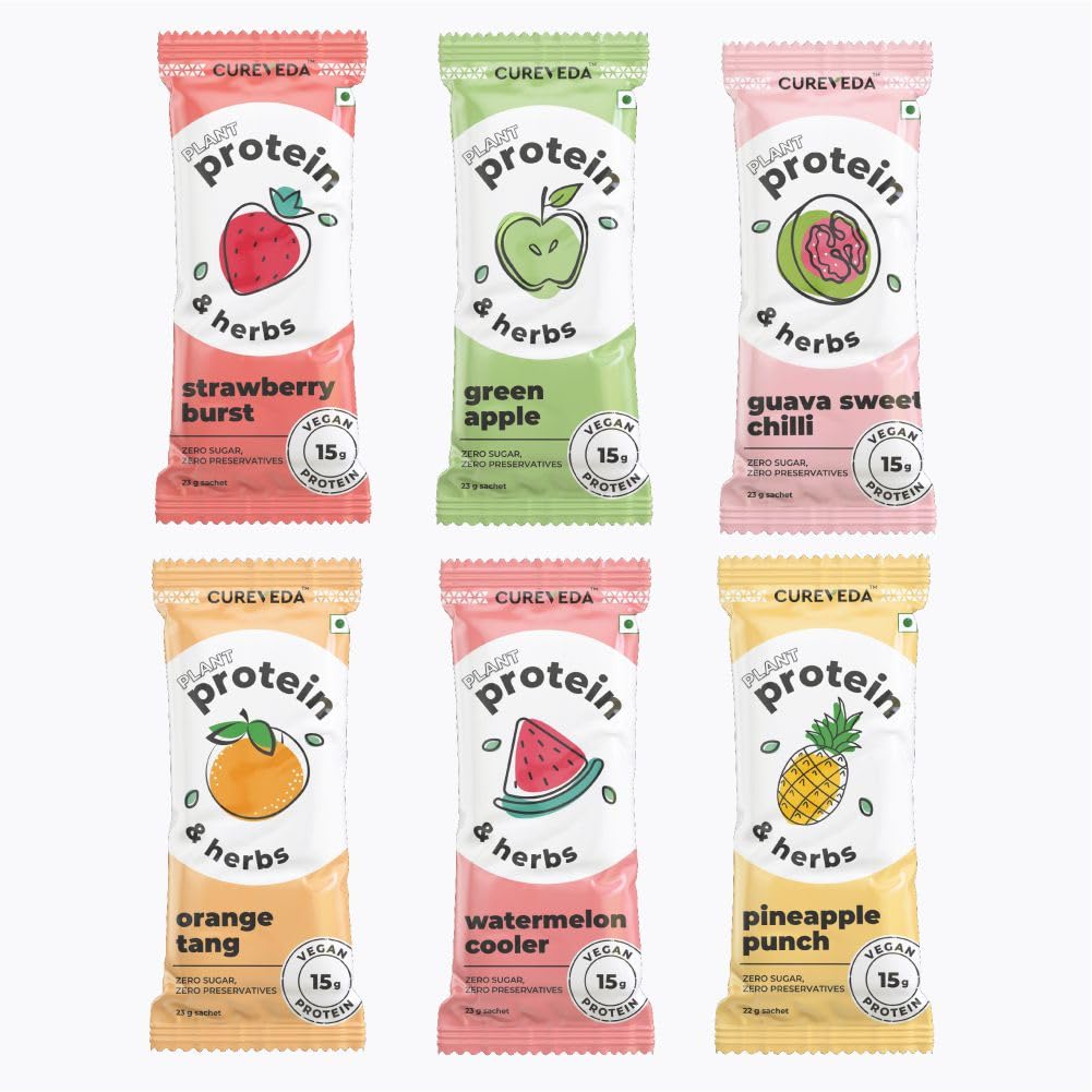 Cureveda Pea Protein Isolate Powder with Herbs, No Sugar Added, Orange, Pineapple, Watermelon, Guava, Green Apple, Strawberry, 6 Flavours x 1 Sachets, Suitable for Every Body Type-23gm Each, Pack of 6 (B0CZDZFC15) Amazon Price History, Amazon Price Tracker