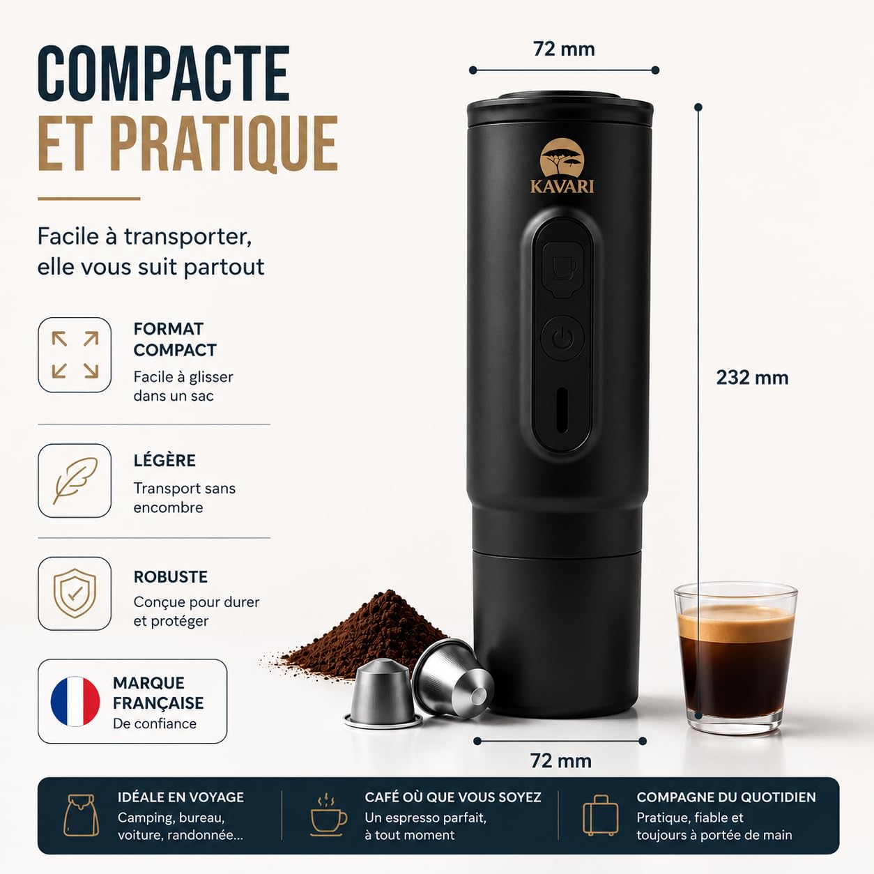 Kavari Machine à Café Portable Compacte Espresso italien 20 Bars | Cafetière portable 2 en 1 capsules Nespresso® & café moulu se recharge en USB-C et est idéale en voyage, voiture ou camping.