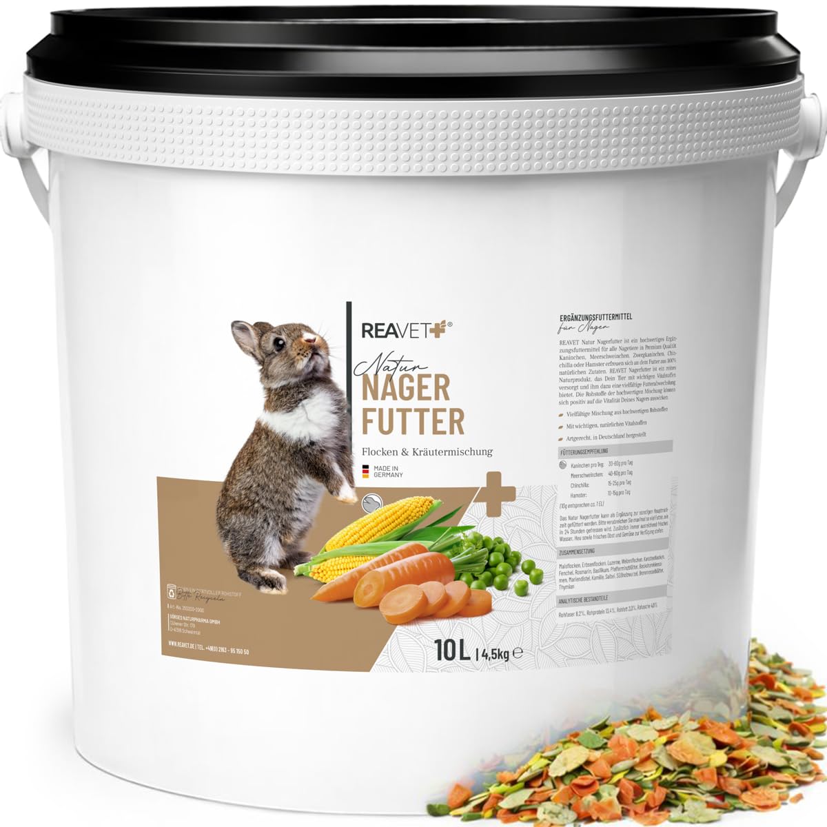 ReaVET Natur Nagerfutter 10 L – Kaninchenfutter, Meerschweinchenfutter auch für Hamster & Mäuse I Artgerecht mit Gemüseflocken, Kräutern, Getreide & Luzerne I Ohne künstliche Zusätze