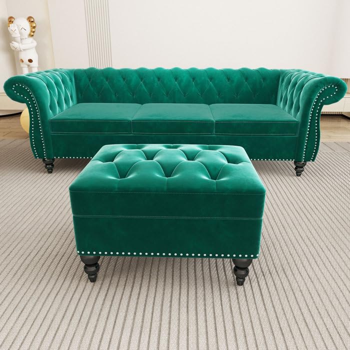 Image of Chesterfield Velvet 3 Seater Round Arm Sofa + Ottoman Modern Sofa for Your Loving Space, Bedroom, Living Room, Offices (Green)