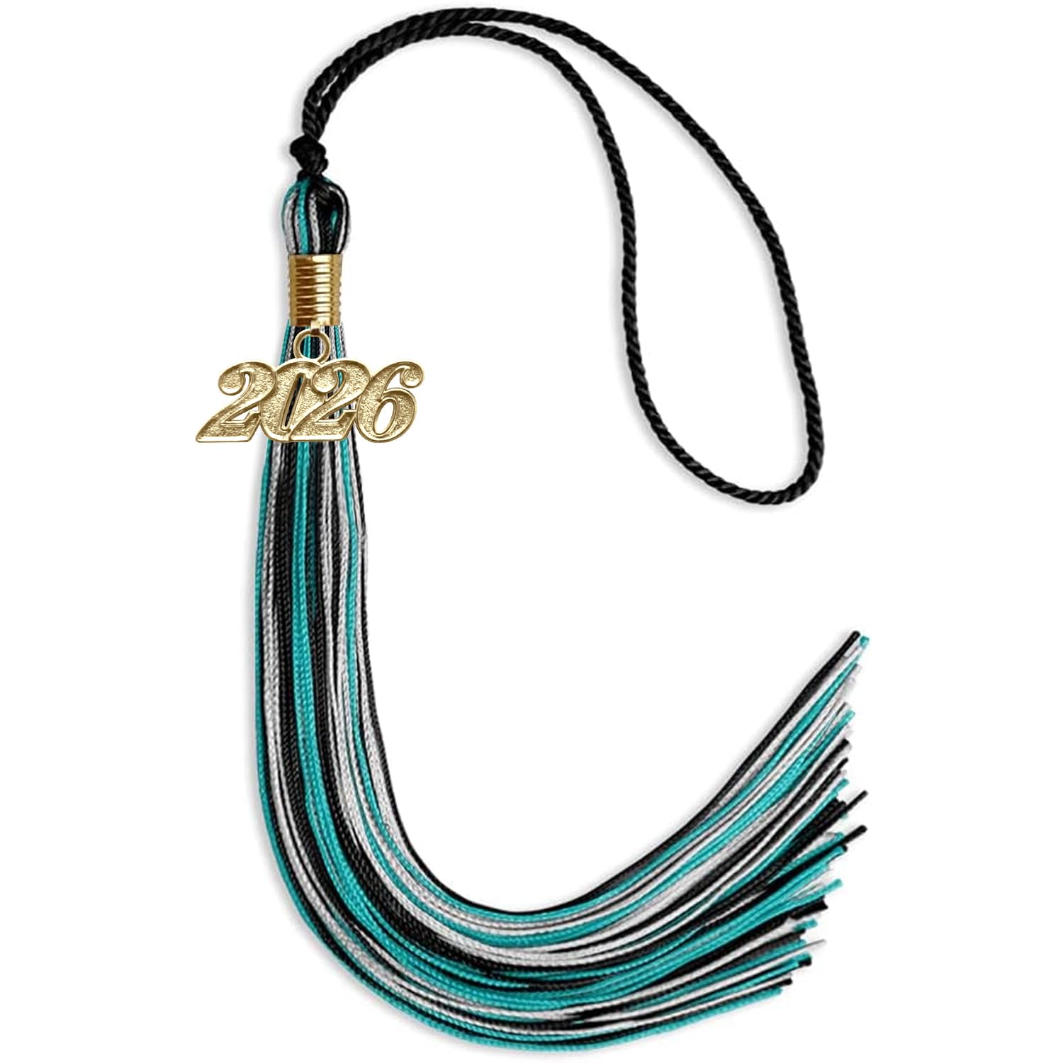 Pompon tricolore noir paon argent 2026 pour chapeau de diplômé
