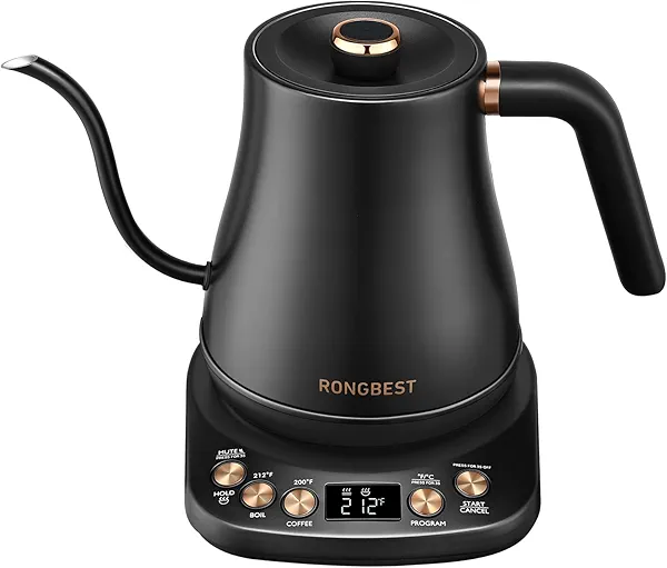 RONGBEST Electric Gooseneck Kettle, 1200W, 6 Temperature Settings, Stainless Steel Inner Lid & Bottom, 1L Quick Heating Pour Over Kettle for Coffee & Tea, Matte Black