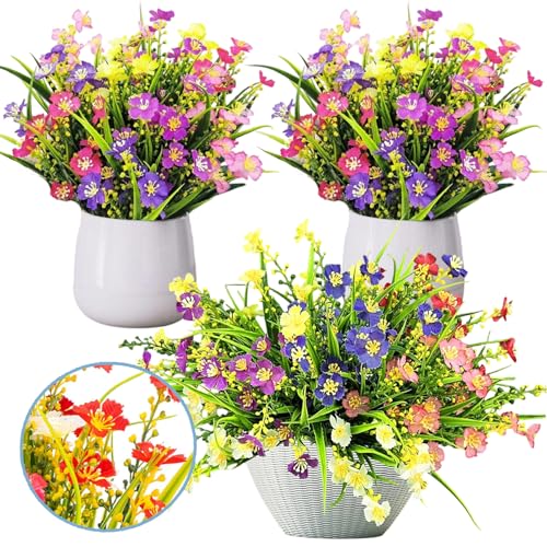 Eymobad 6 paquetes de flores artificiales como reales, 6 colores artificiales para balcón, flores de primavera artificiales, ramo de flores artificiales de plástico, decoración para interiores