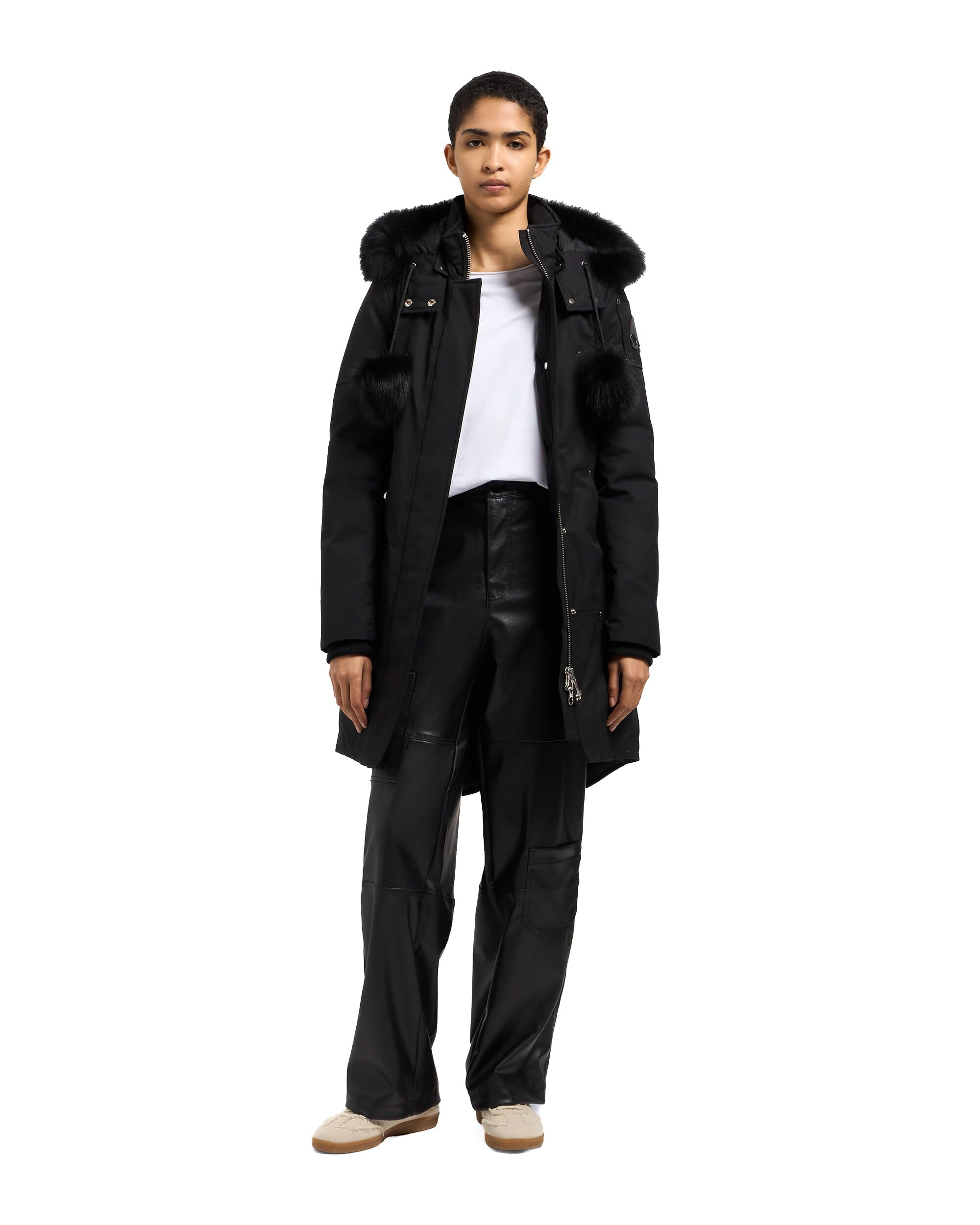 Moose Knuckles Women's Stirling Parka with Fur Pom Pom, Black