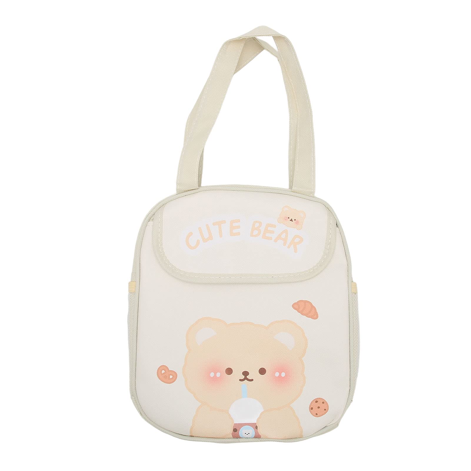 Borsa Termica per il Pranzo, Kawaii Lunch Box Grande capacità Mantieni Caldo Tessuto Oxford con Motivo a Cartoni Animati PU Addensato per Picnic (Orso di tè al latte beige