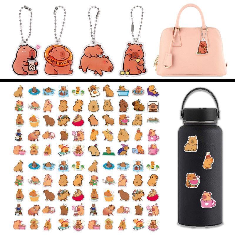 HINFHI 100 Cartoon Capybar Stickers And 4 Pieces Capybar Keychains, Cute Animal Stickers, Fun Keychains, Children'S Gifts - Image 4