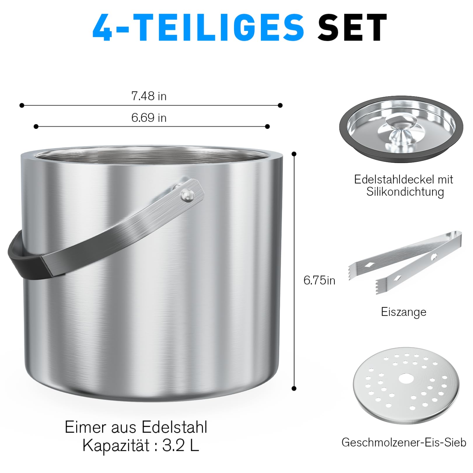 3,2L Edelstahl Eisbehälter mit luftdichtem Deckel, Sieb und Eiszange, Eiswürfelbehälter doppelwandiger, Isolierter Eiseimer Bier Champagner Kühler Eiskübel Wein