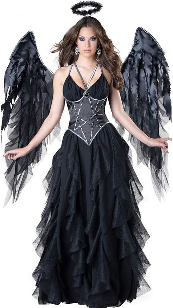 Yabeina KailWomens Fallen Angel Fancy Dress Costume Sexy Halloween Dark Angel Wings Suit E-Black