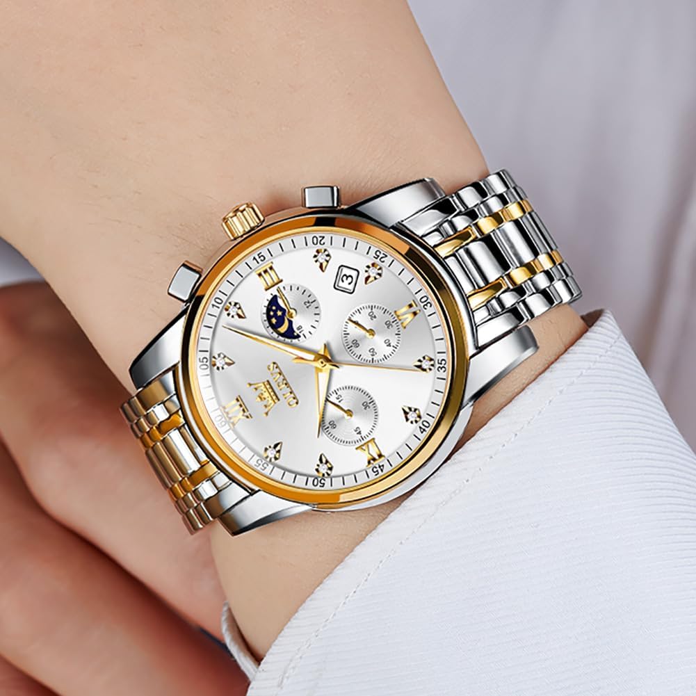 OLEVS Watch for Men Diamond Business Dress Analog Quartz Stainless Steel Waterproof Luminous Date Two Tone Luxury Casual Wrist Watch Blue