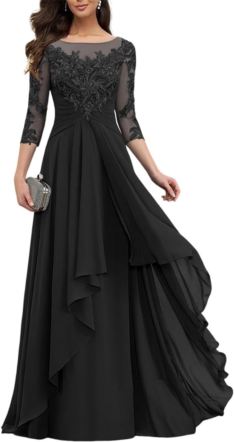 YIANN Black Mother of The Bride Dresses for Women with Sleeves Chiffon Long Mother of Groom Dress with Lace Applique UK14