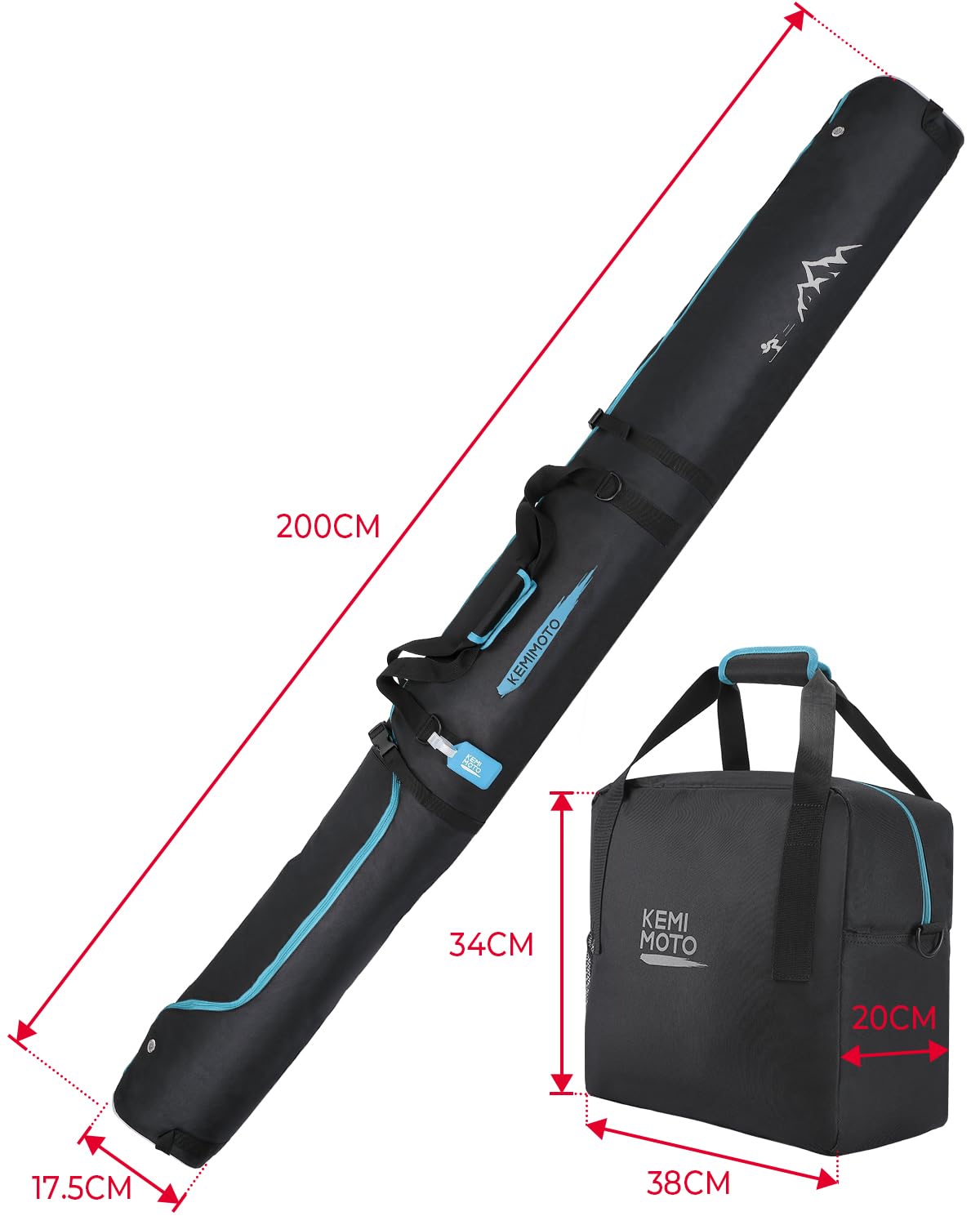 KEMIMOTO Skitasche und Skischuhtasche Combo, Stiefeltasche für Ski bis 200cm, 25L Skischuhtasche für Skiausrüstung, wasserdichte Skisack mit Lüftungsgitter, Robuste Skibag für Skifahren