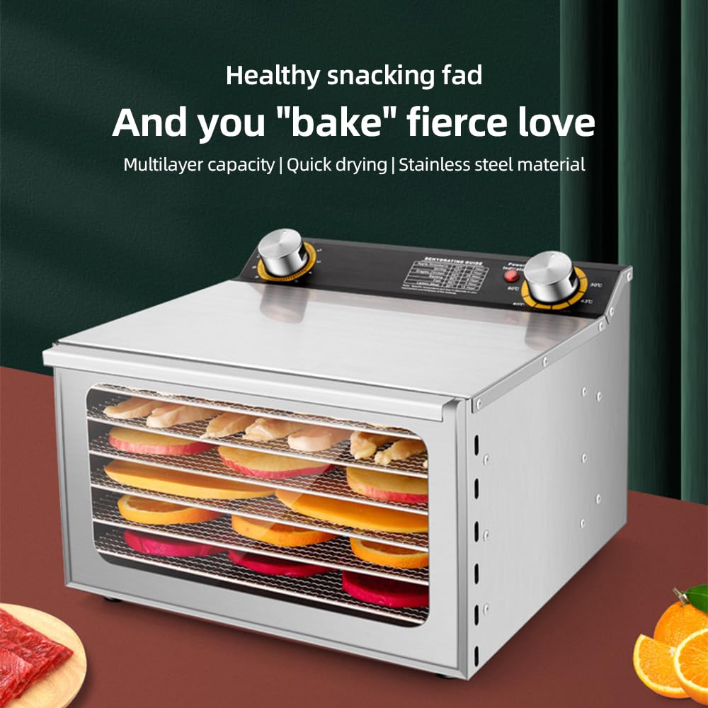 Disidratatore per Alimenti e Carne secca con Timer 12H Acciaio Inossidabile Spazzolato 12 Rastrelliere per l'Essiccazione 800W 30-90℃ Disidratatore per Frutta Verdura con Grande Manopola di Con