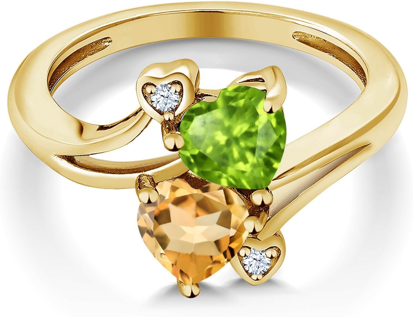 Gem Stone King 18K Yellow Gold Plated Silver Green Peridot Yellow Citrine Ring For Women (1.56 Cttw, Heart Shape 6MM, Gemstone August Birthstone)