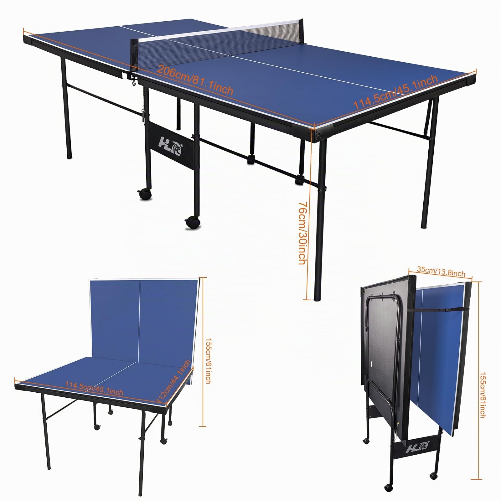 HLC 7FT - Mesa de ping pong de MDF, plegable, patas de acero, con red y kit de raquetas y pelotas de tenis, color azul