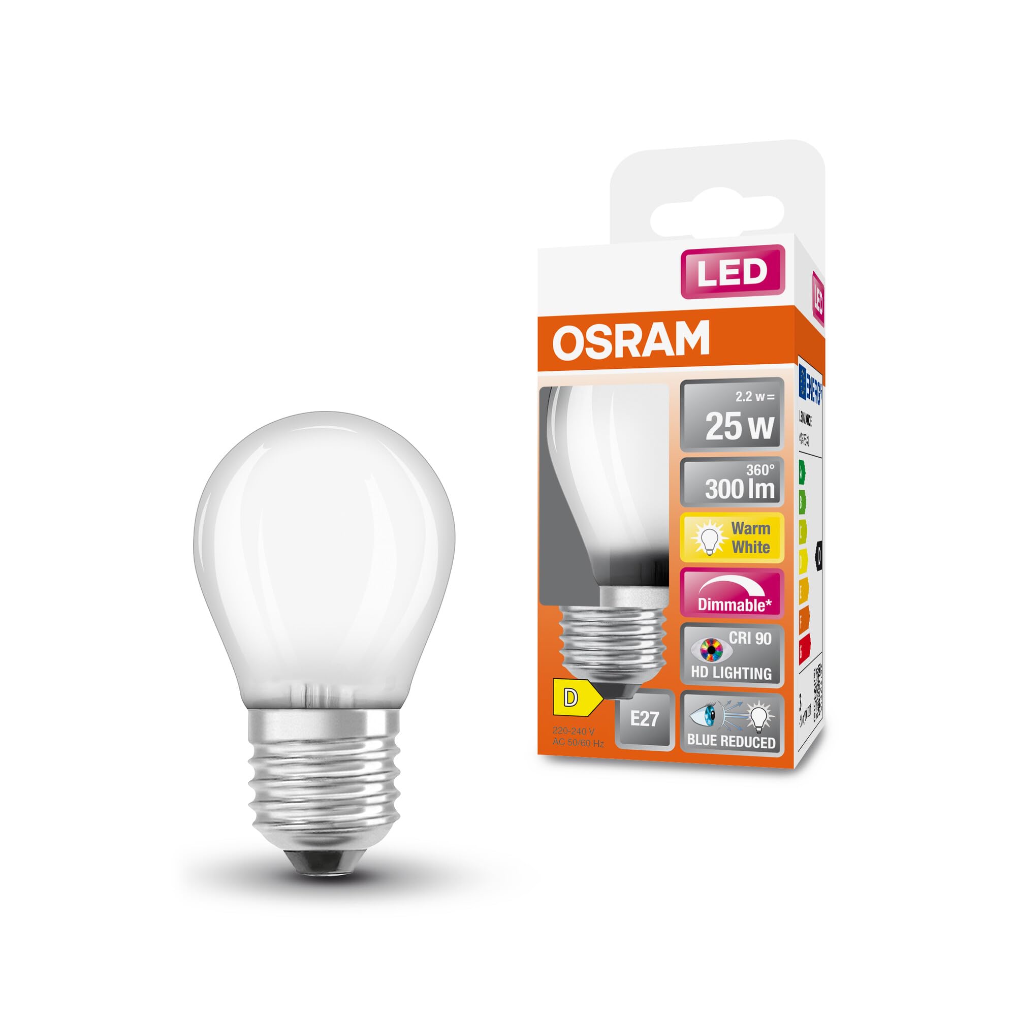 OSRAM SUPERSTAR+ CLASSIC P GLFR 25 LED-Lampe, E27, Miniballform, 2,2W, 300lm, 2700K, warmweißes Licht, stark reduzierter Blauanteil, geringere Augenbelastung, dimmbar, energiesparend,6-Pack