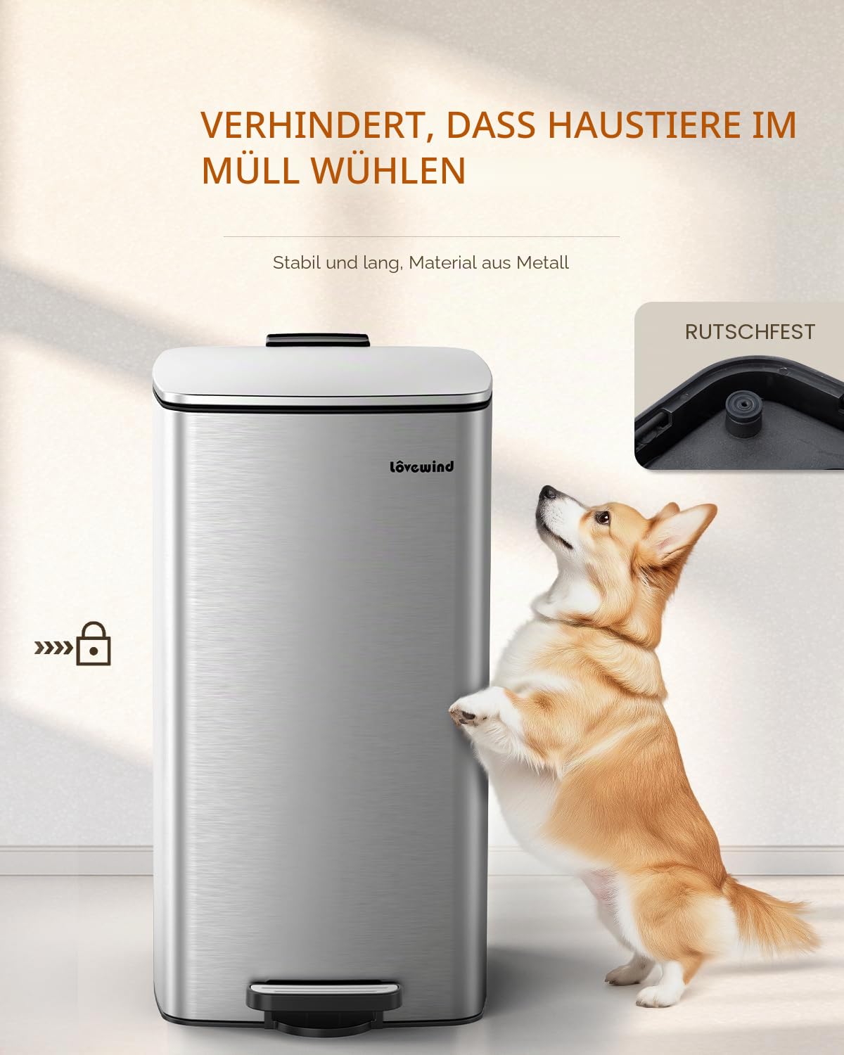lovewind Küchenabfalleimer, 30L Silber Mülleimer Küche aus Edelstahl mit Pedal, mit Deckel und Inneneimer, Sanft Schließend und Offen Bleibend, Geeignet für Küche, Bad und Wohnzimmer