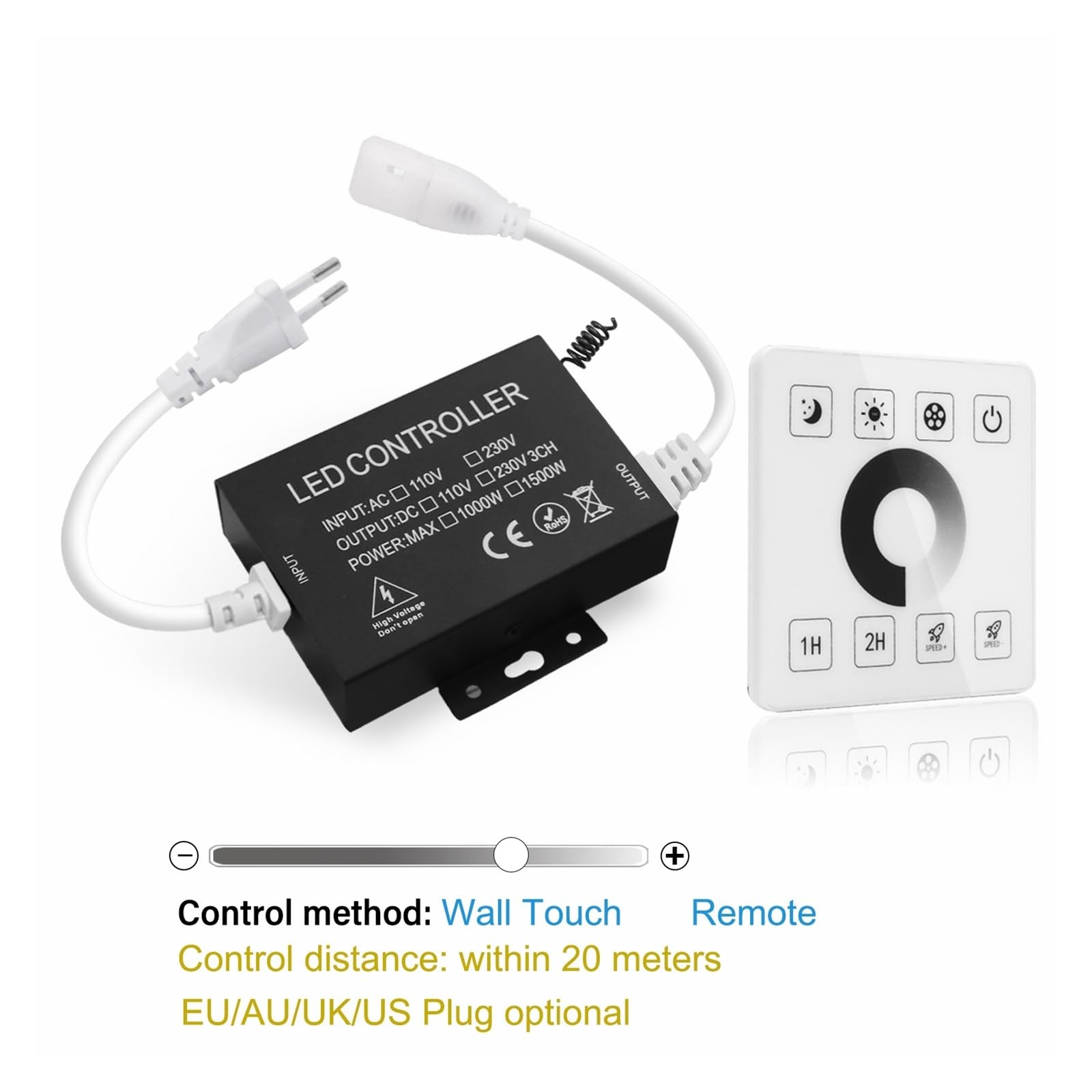 LED Dimmer Controller Wall Touch Remote Control Suitable for 8mm PCB AC110V/220V 288Leds/m 3000K 4000K 6000K COB Light Strip(Touch Remote Dimmer,220V UK Plug)