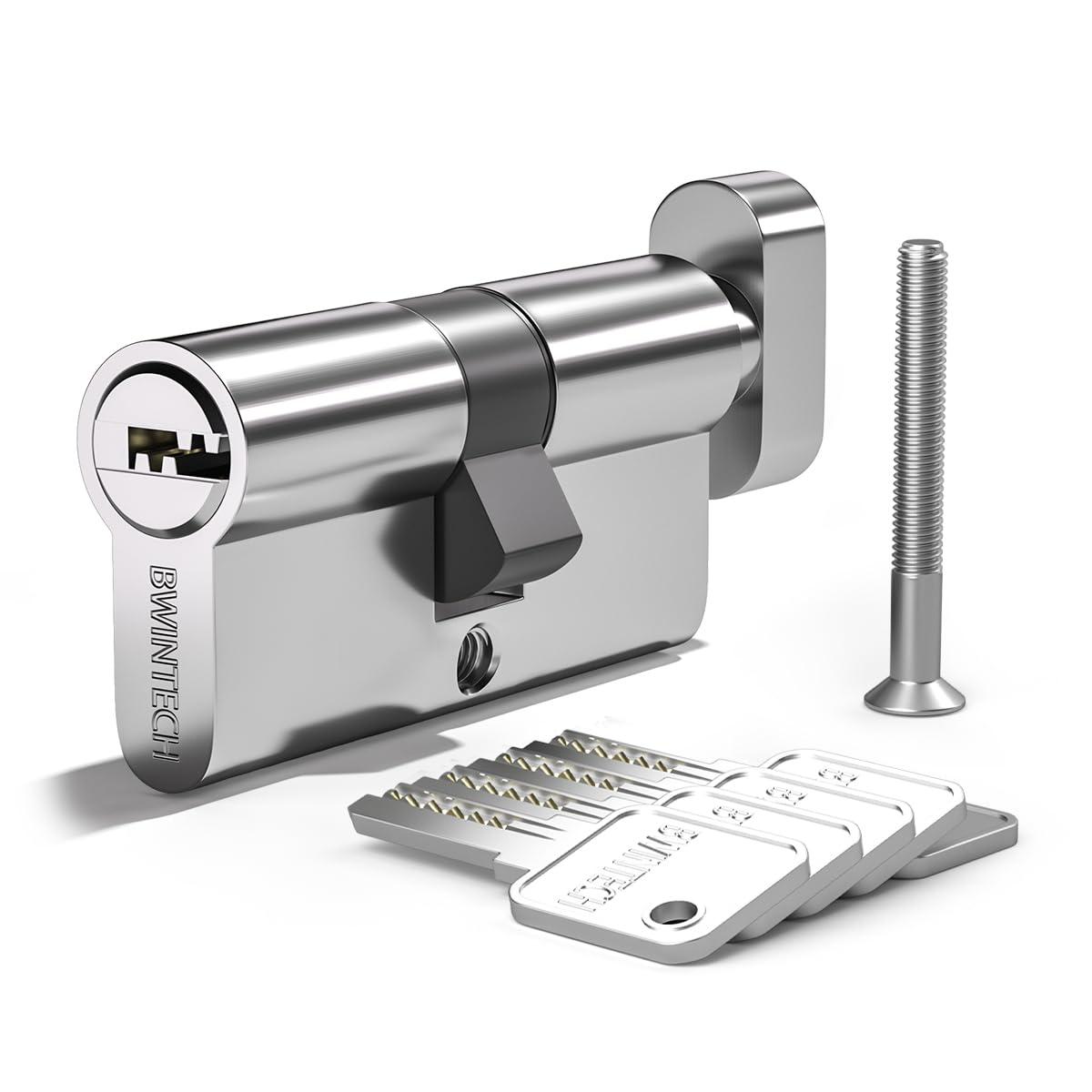 Bwintech 1 Stück 45T/45mm Euro Messingzylinder, 90mm Knauf/Schlüssel zylinderschloss mit 5 horizontalen Messingschlüsseln, Bohrfest, Stoßfest, Chromoberfläche