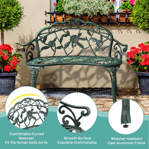 Image of VINGLI 38.5 inch Patio Park Garden Outdoor Metal Rose Bench, 2-Person Cast Iron Cast Aluminium Frame Antique Finish Chair,Accented Lawn Front Porch Path Yard Decor Deck Furniture (Green, Rose)