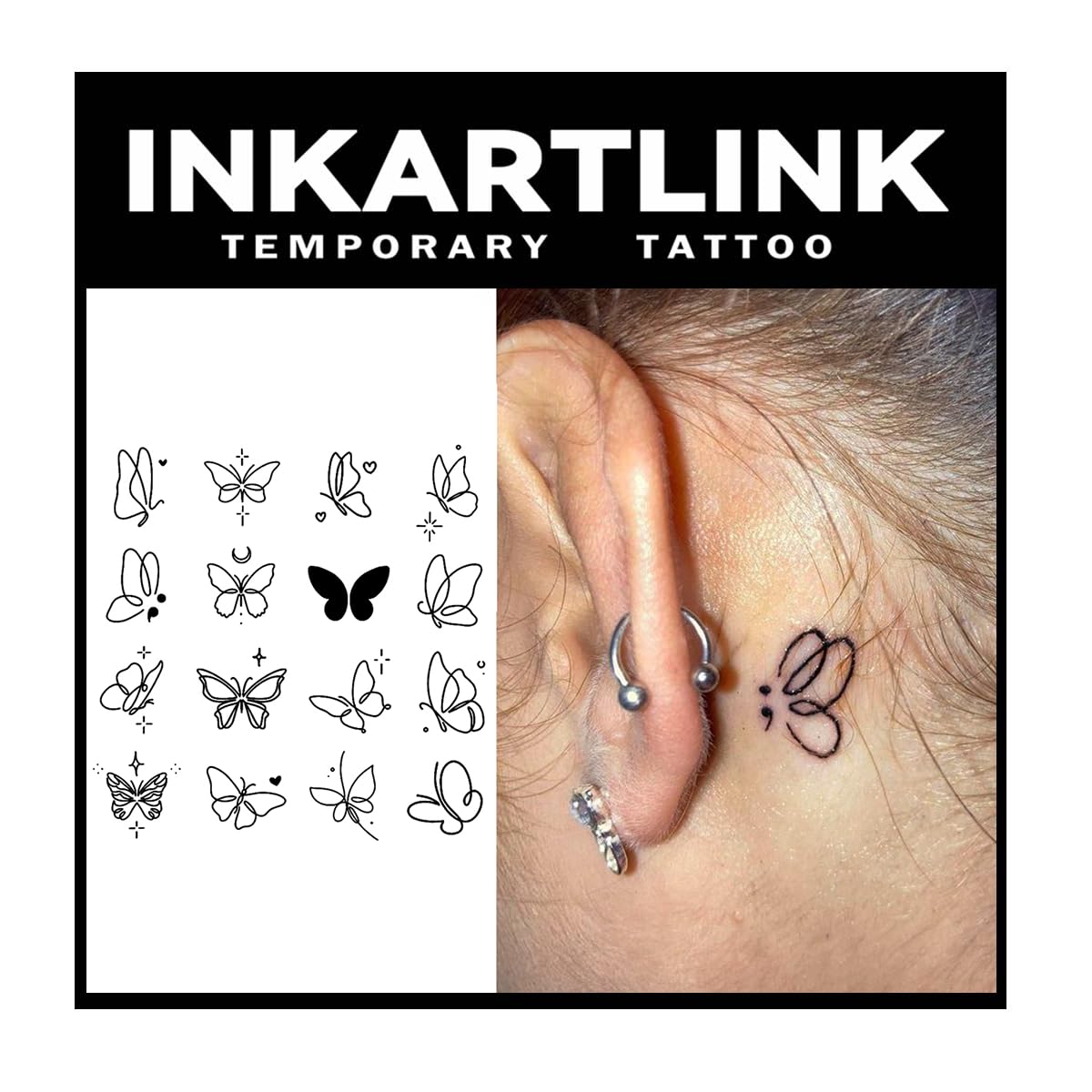 INKARTLINK Tattoo Tech, 16 Design/ 1 Sheet Small Semi Permanent Tattoo, Temporary Tattoos, Last 1-2 Weeks, Waterproof, Realistic Look, No Adhesive, No Reflection (2ﾗ3inch Butterfly)