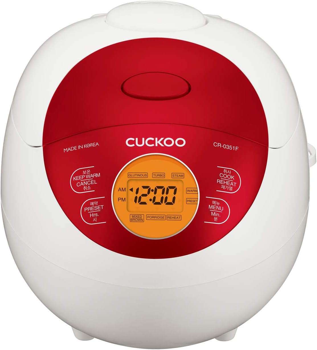 CUCKOO CR-0351FR Cuiseur à riz électrique 3 tasses (non cuit)/6 tasses (cuit) avec pot intérieur antiadhésif, 5 modes de menu, écran LCD, technologie Fuzzy Logic (rouge