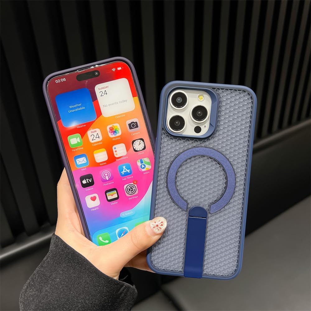 for Folding Stand Magnetic Mesh Case for iPhone 16 E 15 14 13 12 11 Pro Max Wireless Charge Shockproof Breathable Cover,Gray,for iPhone 16 Pro