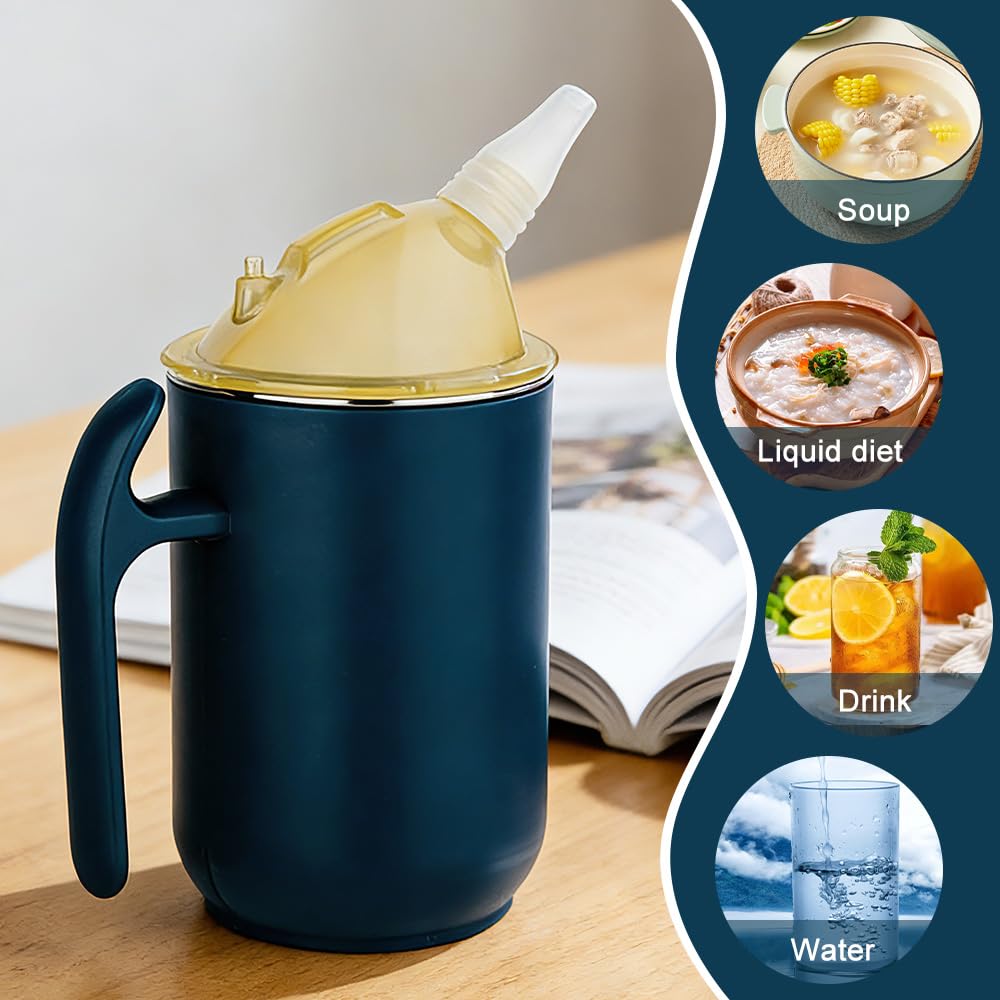 Kubek z dzióbkiem 3 w 1, dla seniorów, 400 ml, szczelny, dla seniorów z uchwytami, dla pacjentów, niepełnosprawnych, macierzyństwa (niebieski)