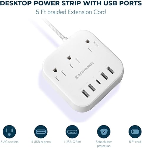 Miniatura 4 de Regleta de alimentación con USB C, 5 puertos USB (25 W5 A), obturador seguro, estación de carga rápida de escritorio, cable de extensión trenzado de