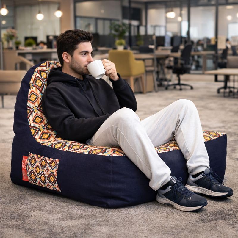 Image of Style Homez Urban Design Denim Canvas Geometric Printed Chair Bean Bag XXL Size Filled with Beans Fillers