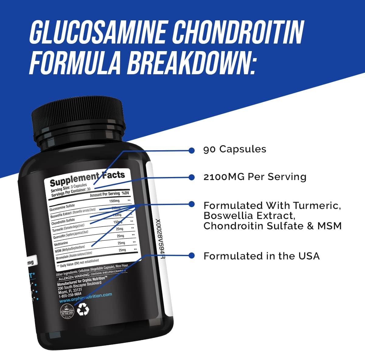 Glucosamine Chondroitin (90 Caps) - Joint Support Supplement* -Turmeric & MSM 2100MG - S​upports Mobility and The Body's Normal, Healthy Inflammatory Response* - for Men & Women