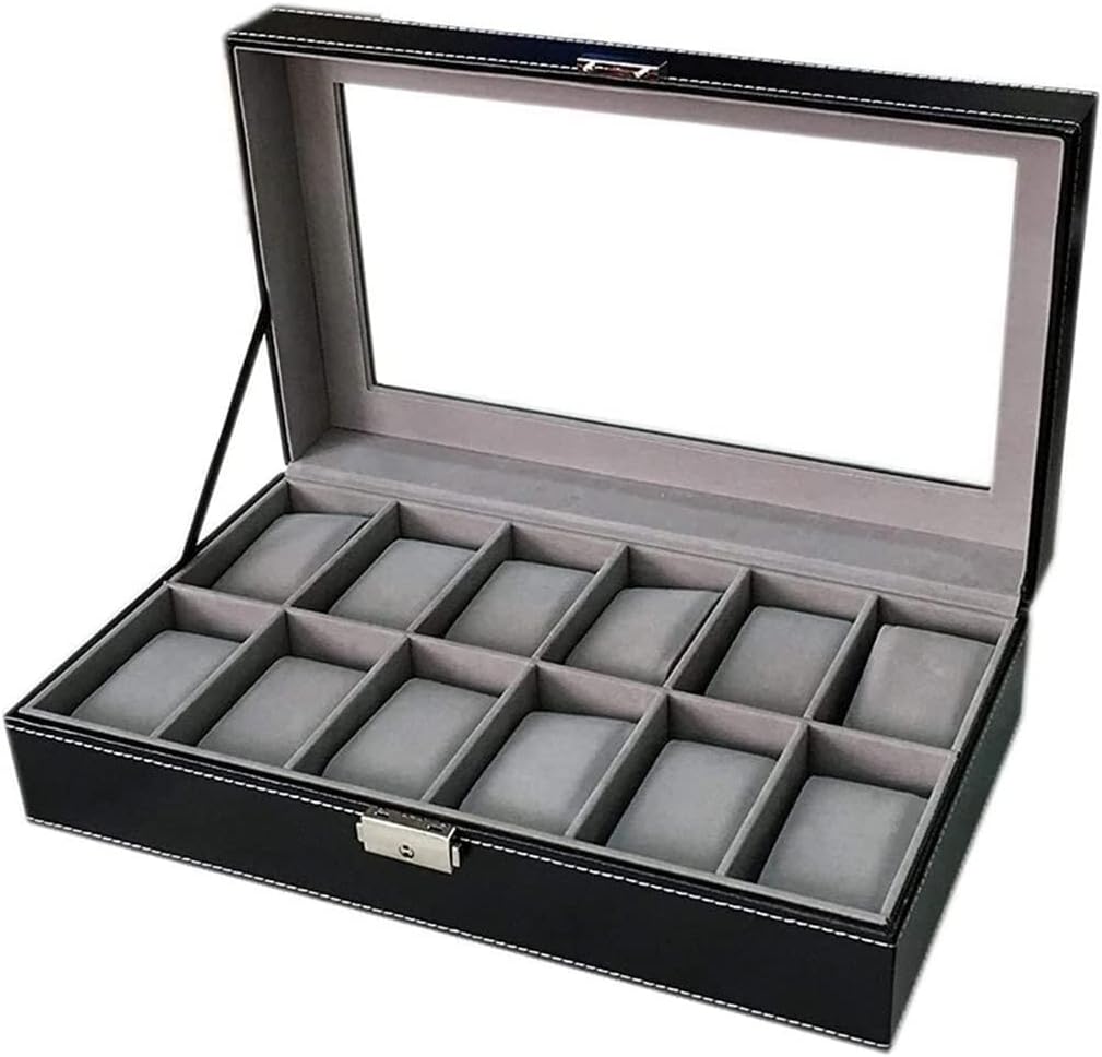 Watch Box for Men Large Watch Display Case Organizer Tray Jewelry Display Storage Glass Top Black PU Leather