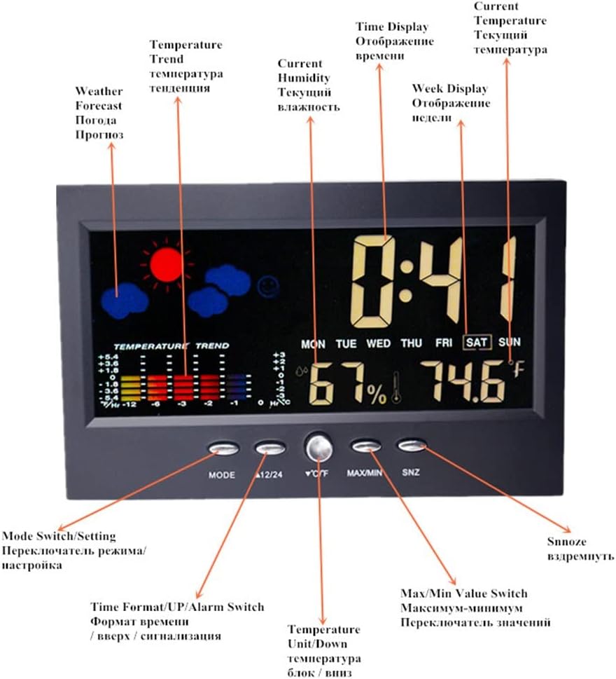 JSEIAJB Multi-Functional Weather Station Clock Digital Indoor Thermometer Hygrometer Calendar Phase Colorful LCD Display
