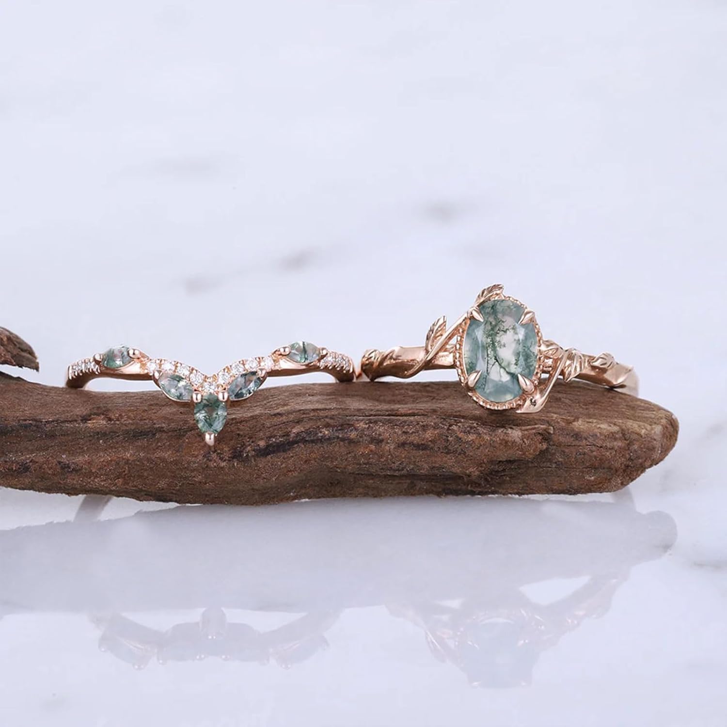 Natural Moss Agate Ring for Women 925 Sterling Silver Green Moss Agate Set Ring for Women Promise Ring Engagement Moss Agate Jewelry for Wedding/Anniversaries/Daily
