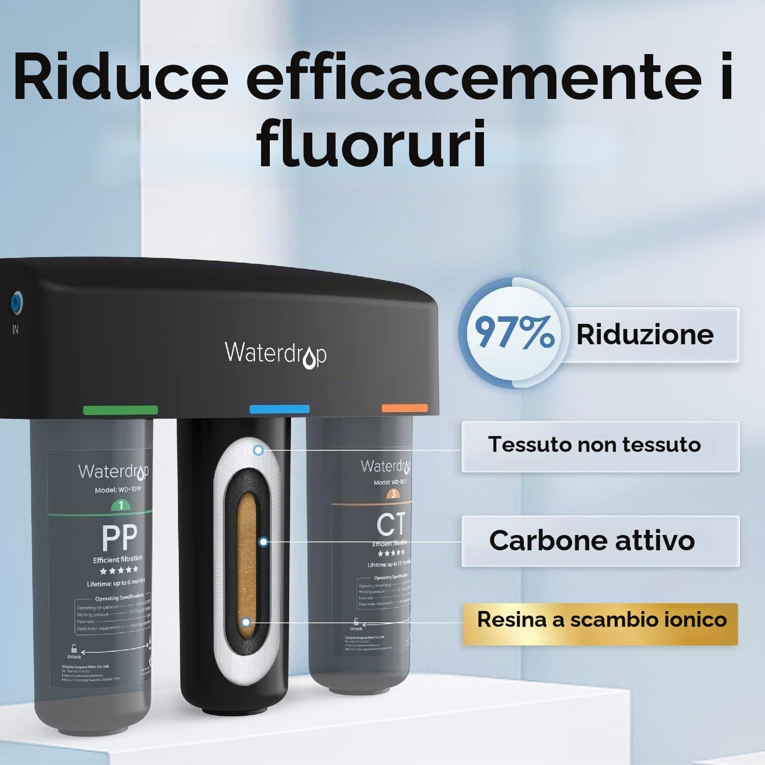 Waterdrop TSA Filtro Acqua Sistema, 3 Stadi Depuratore Acqua Domestico per Sotto Bancone (Con 3 Cartucce Filtranti Aggiuntive)