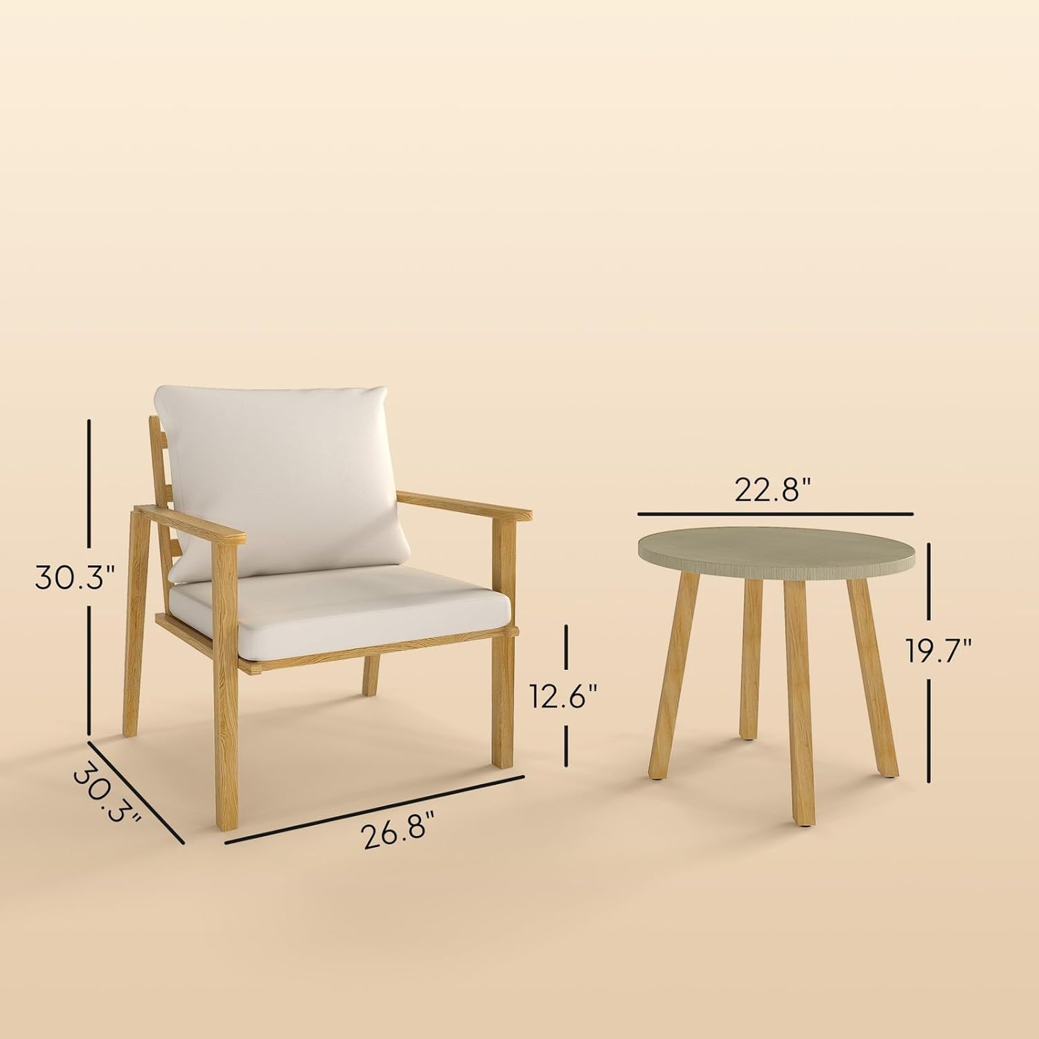 Durable 3 Piece Patio Set, Sturdy Frame Wood Effect Metal Bistro Set, Cream White