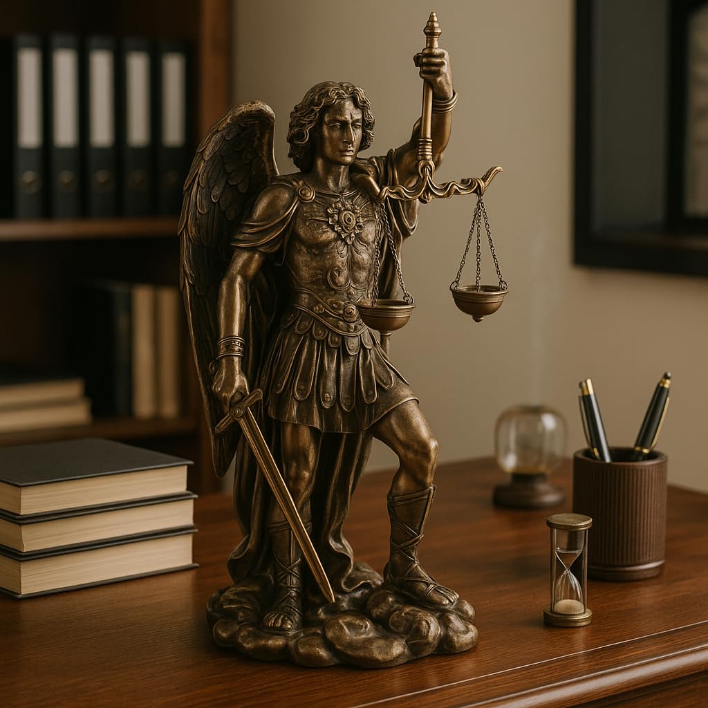 Figura Decorativa Religiosa, Arcangel San Miguel con Espada y Balanza, Resina Efecto Bronce Antiguo, Escultura Angeles Guardianes, 28 cm