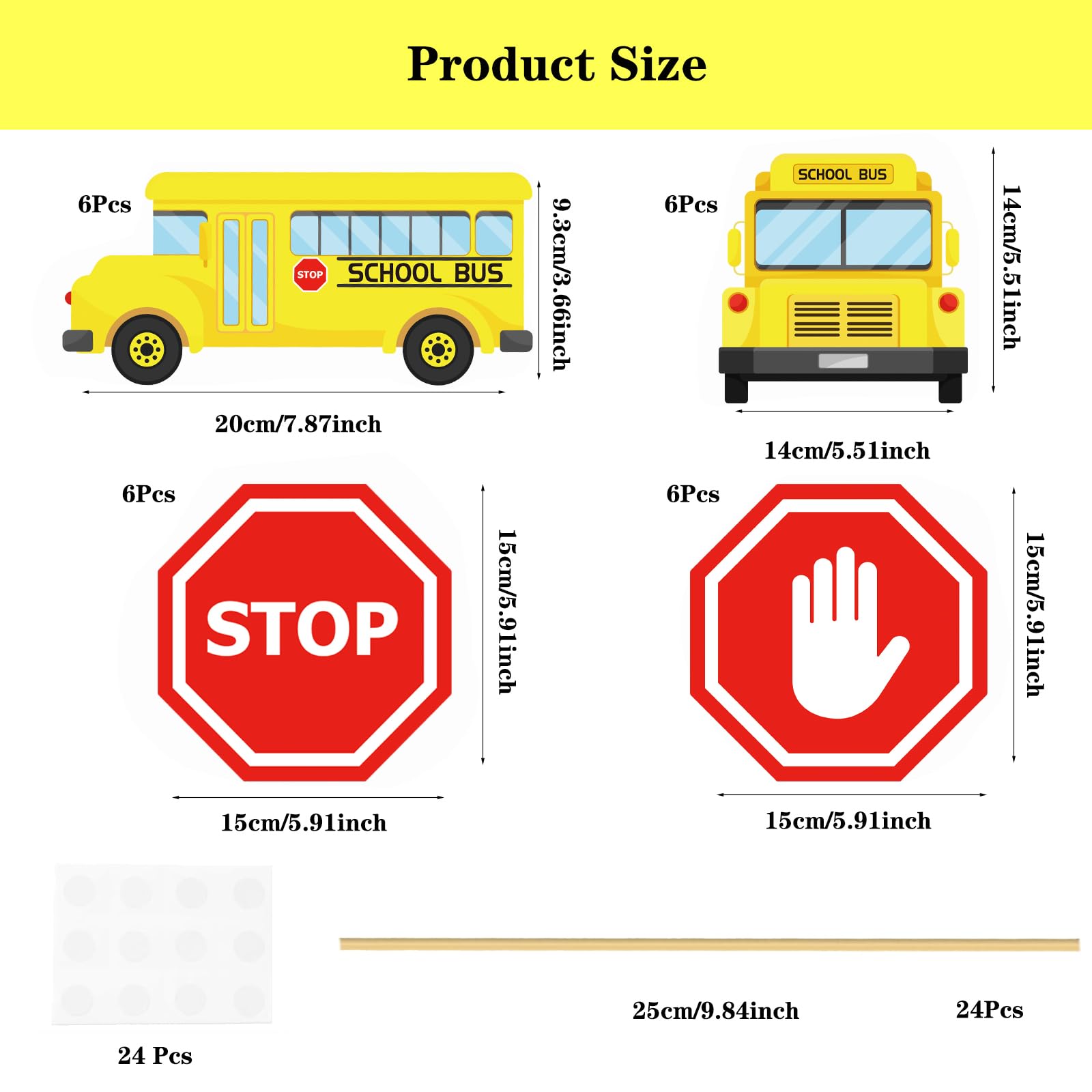 CHNBF 24Pcs School Bus Party Decorations Set - 4 Styles Centerpieces with Sticks & Stickers for Birthday, Back to School, Classroom Table Decor