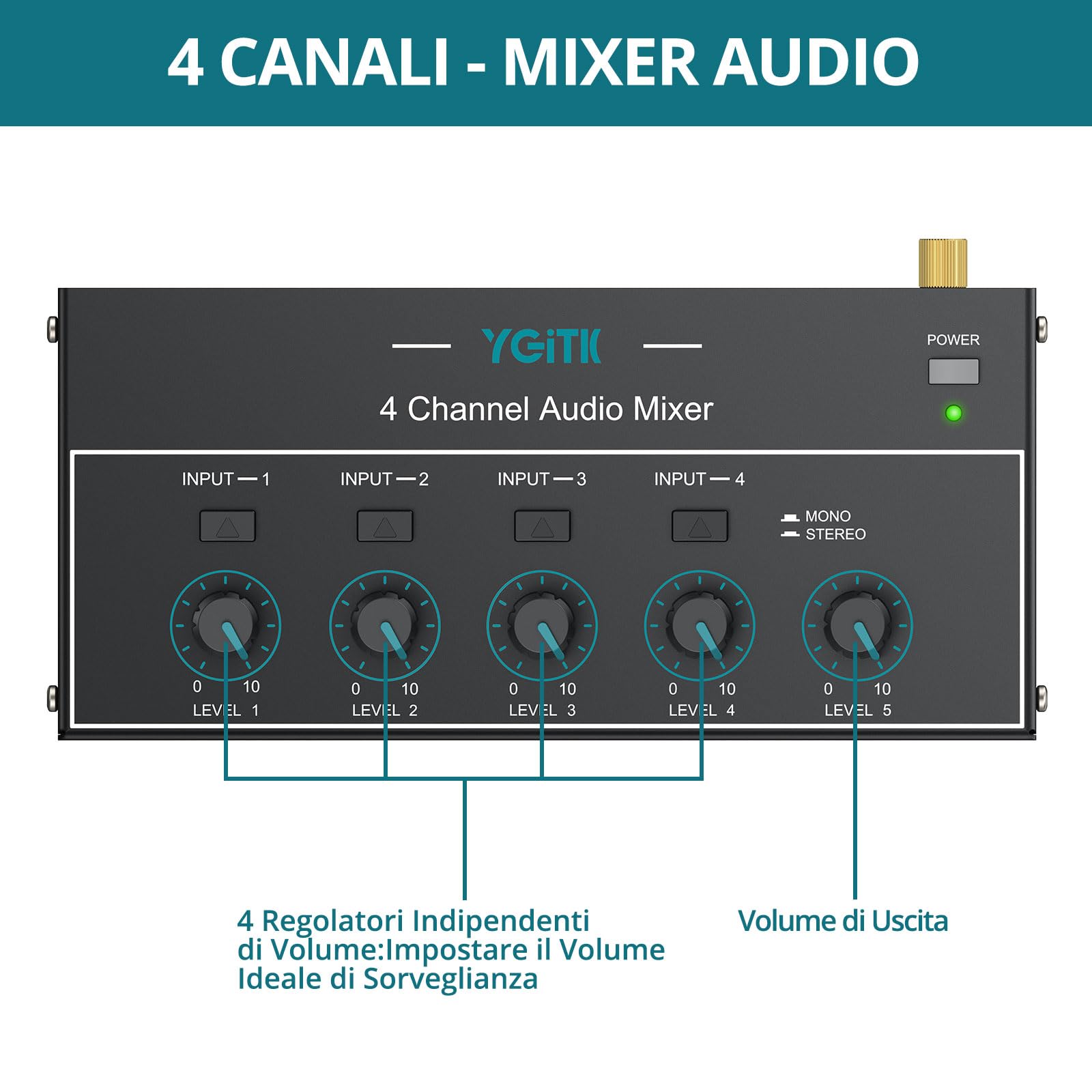 Mixer Audio 4 Canali Compatto con Interfaccia 6.35mm/3.5mm, Controllo Volume Indipendente e Alimentazione USB-C - Per Home Studio, Live Bar e DJ Portatile