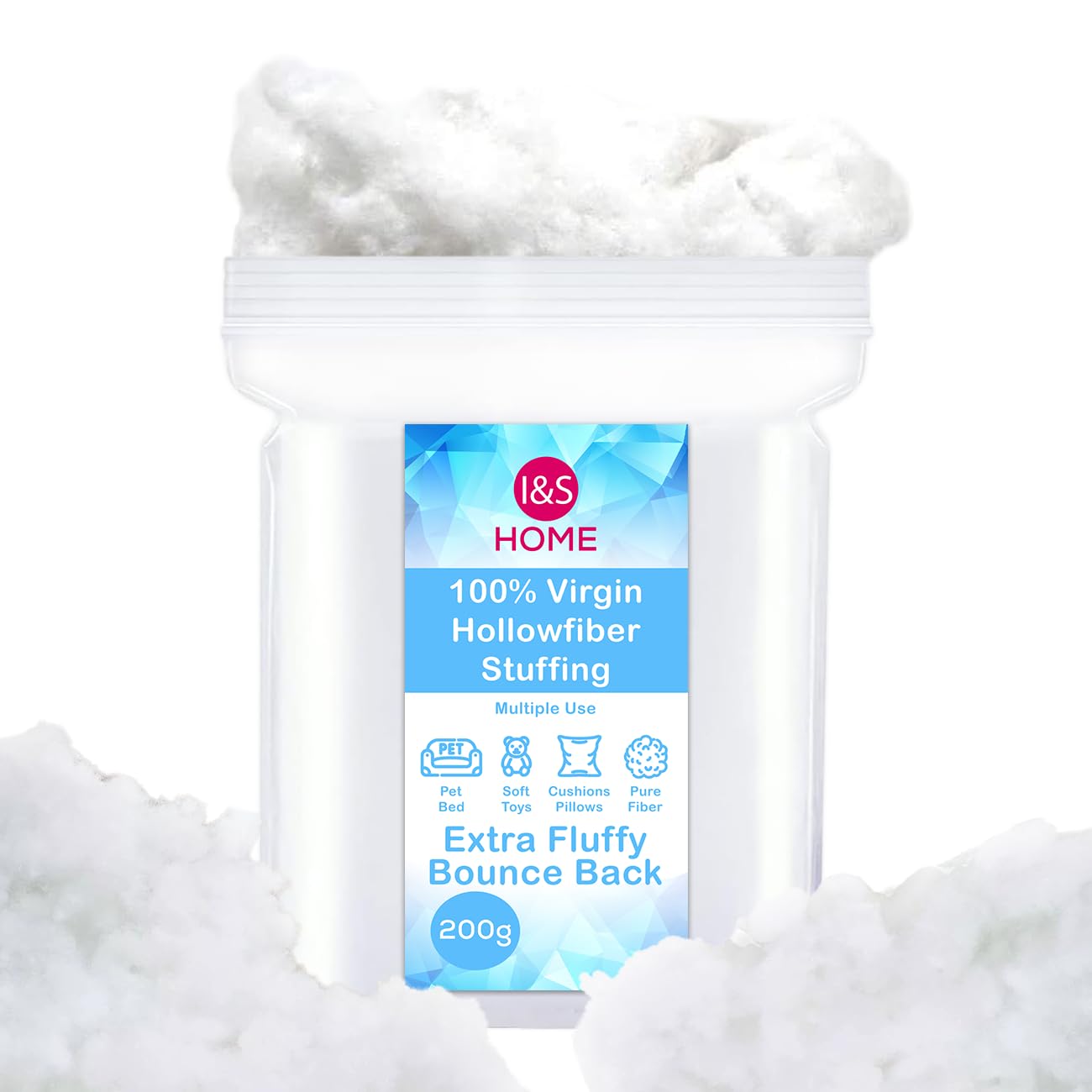 I&S Home White 200G Hollowfiber Toy Stuffing Filling - High Grade Multipurpose Toy Stuffing For Knitted Toys – Hypoallergenic Polyester Stuffing For Crochet,Cushions, Pillows,Pet Bed,Teddy Bear (200 Grams)