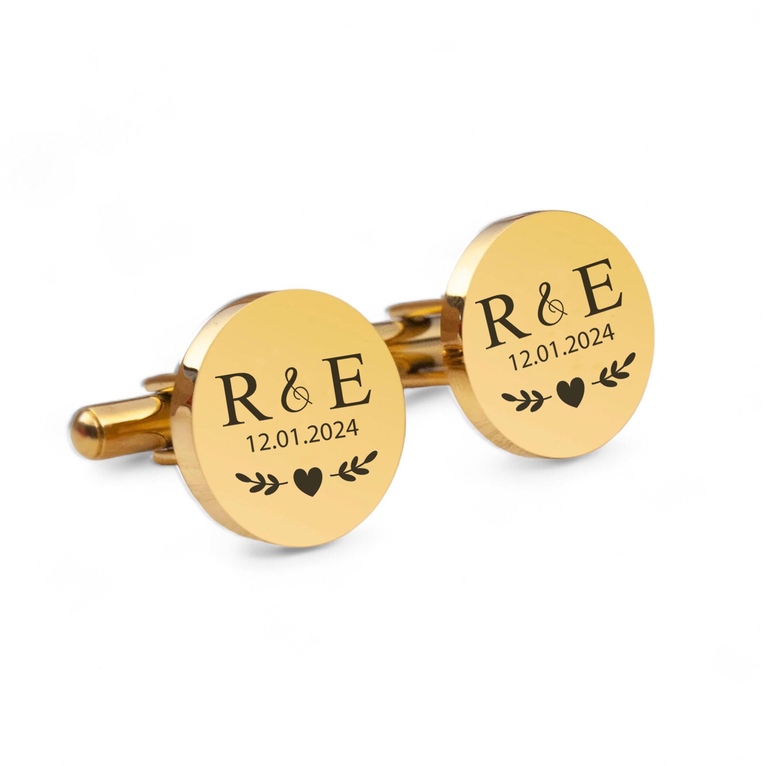 2 Manschettenknöpfe mit Gravur für Männer in Gold Motiv 04, personalisiertes Geschenk mit Initialien, silberner Schmuck für Herren, als Hochzeitsgeschenk, zum Jahrestag, zum Hochzeitstag
