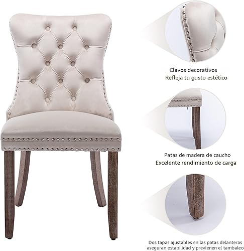 Miniatura 6 de Juego de 4 sillas de cocina y comedor de terciopelo beige, tapizadas en tela, respaldo alto con alas, anilla metálica, estructura de madera, estilo