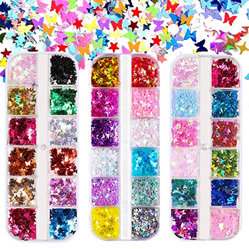 Holographic Butterfly Stars Nail Glitter RFWIN 36 Boxes Sparkly Laser Nail Art Sequins Colorful Flake Confetti Acrylic Manicure Paillettes Decals for Face Body DIY Decoration