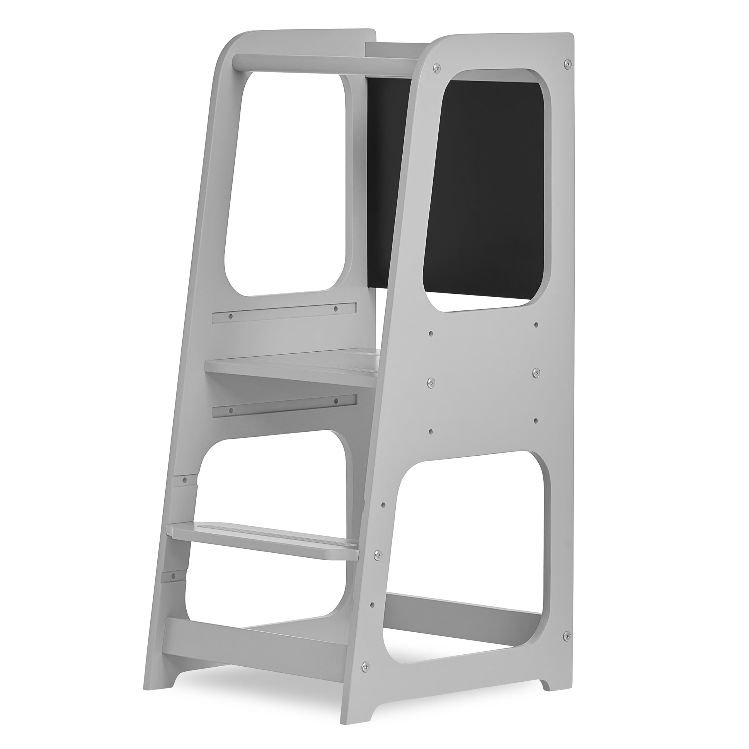 Dream On Me Explora Tower & Step Stool in Pebble Grey – Solid Pinewood Kids Learning Tower with 3 Adjustable Heights, Anti-Slip Base, Chalkboard for Creative Play, Multipurpose Kitchen Helper,
