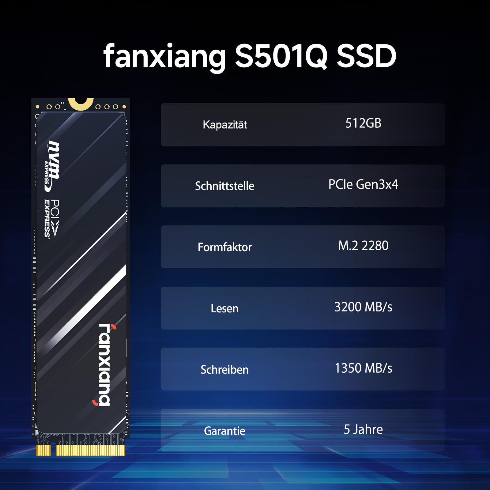 fanxiang 512GB NVMe SSD, M.2 SSD PCIe Gen3 QLC Gaming Solid State Laufwerk mit SLC Cache, 3000MB/s Lesen, Interne SSD Festplatte für PC Laptop Datenübertragung S501Q