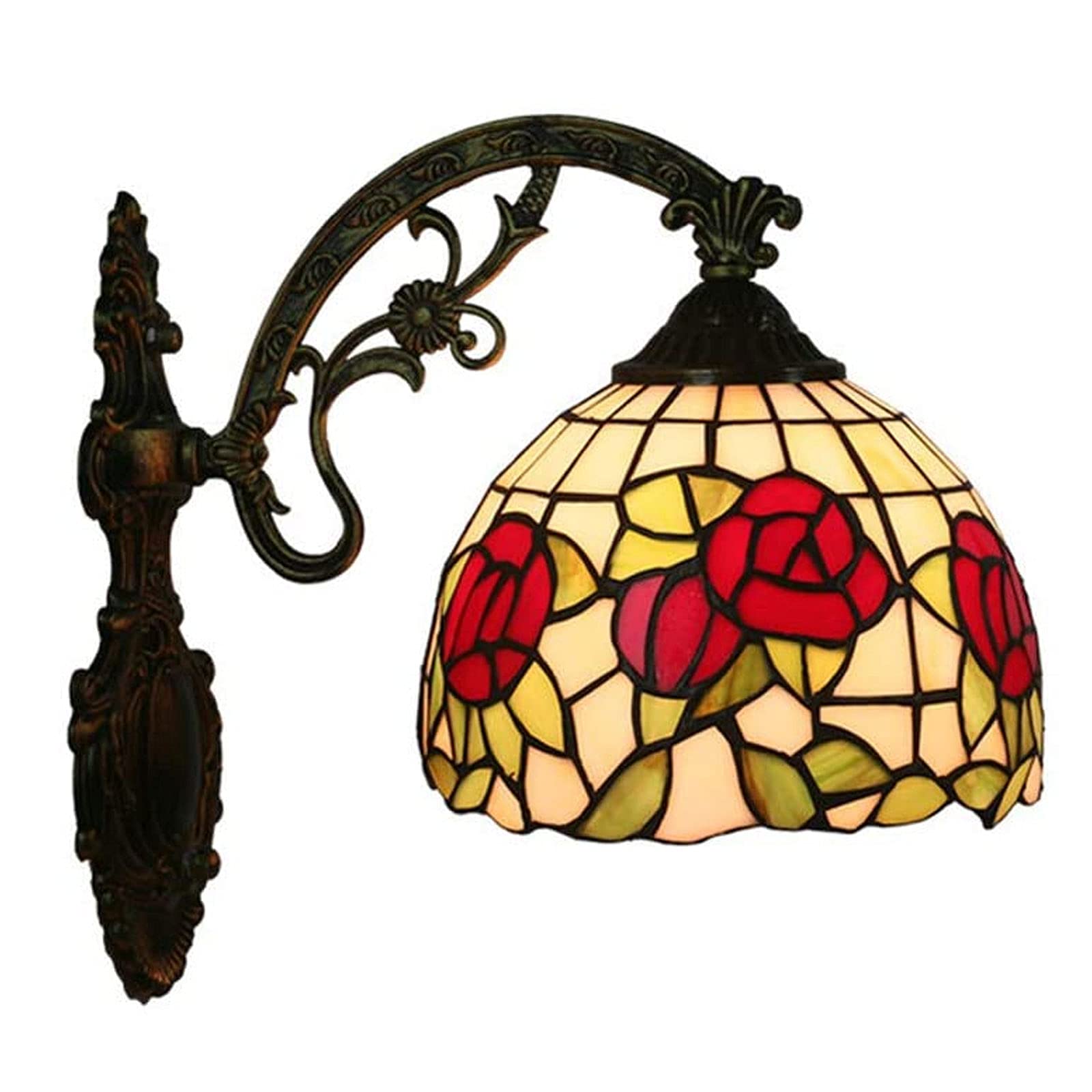 SXSCARKX Night Light Tiffany Style Wall Lamp with 8 Inch Rose Flower Stained Glass Lampshade for Bedroom Study Lighting Needed