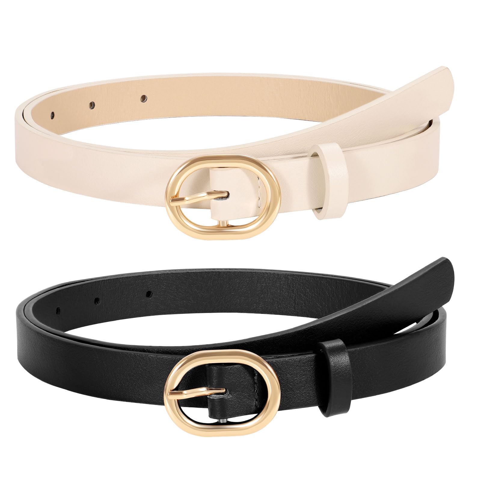 WERFORU 2 Pack Women's Skinny PU Leather Belt with Gold Buckle Ladies Thin Leather Plus Size Waist Belt for Jeans Dress