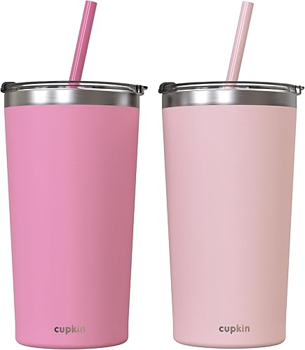 CUPKIN Vaso aislado de acero inoxidable con tapa y popote, botella de agua de 20 onzas y popote, tazas de acero inoxidable, taza de café de viaje