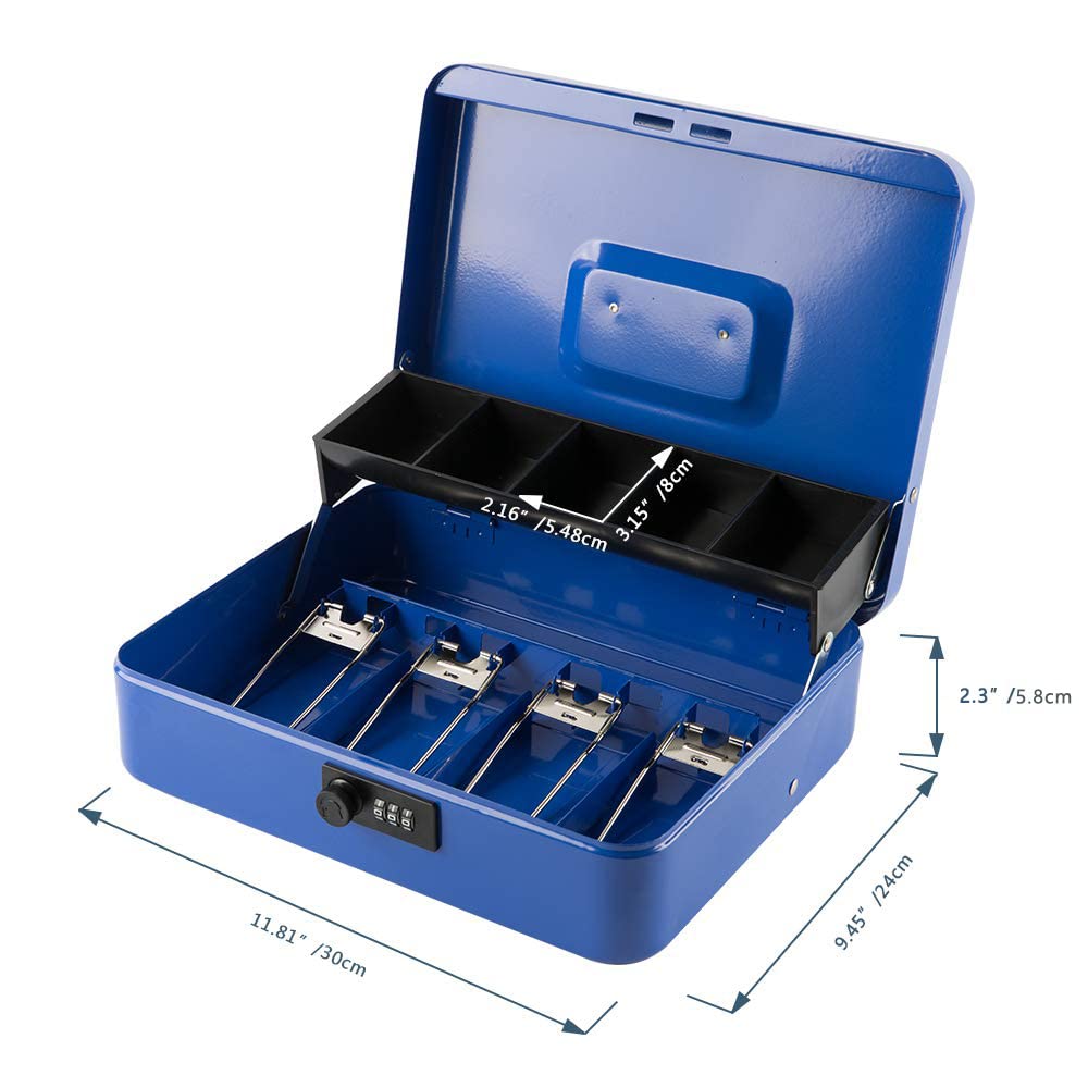 KYODOLED - Caja fuerte con bandeja para dinero y cerradura, caja fuerte de metal, caja fuerte, caja fuerte, caja registradora, 5 compartimentos y 4 clips con resorte para facturas.