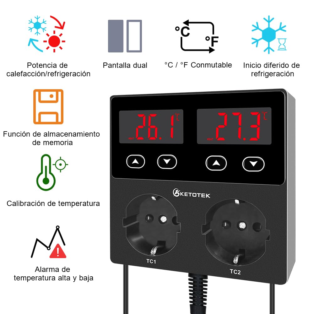 KETOTEK KT99pro Controlador de temperatura digital dual Salida 10A Relé Calefacción Enfriamiento Termostato Enchufe controlado con sensor para elaboración de cerveza de reptiles Fermentación Cría