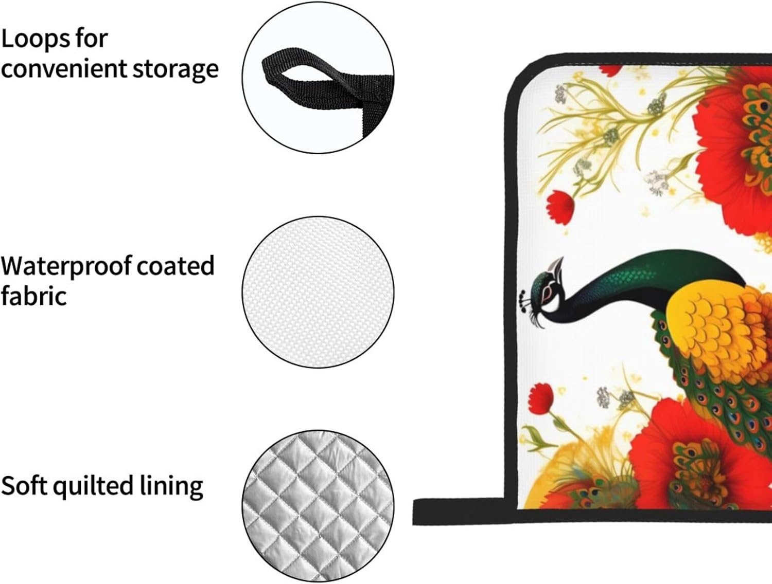 Peacock Red flower Oven gloves and heat-resistant mat 4-piece set. Suitable for grilling, microwave oven frying, and baking